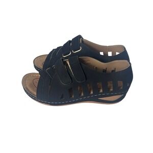 Henry Ferrera Indiana Black Faux Leather Comfort Wedge Sandals Womens Size 9 NEW